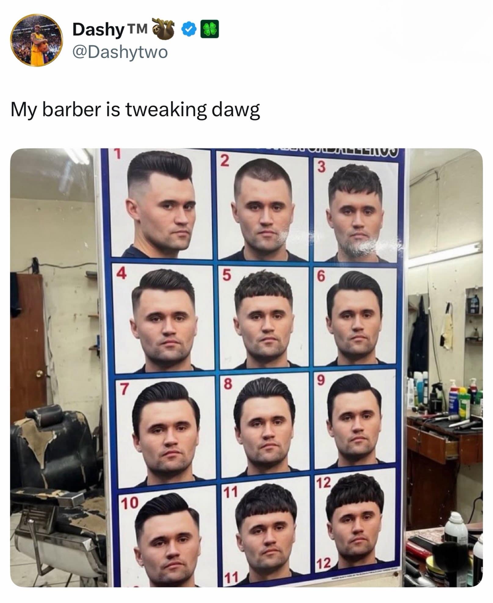 Barber shop haircut selection poster featuring twelve numbered options that all display the exact same man's face in a meme dump.