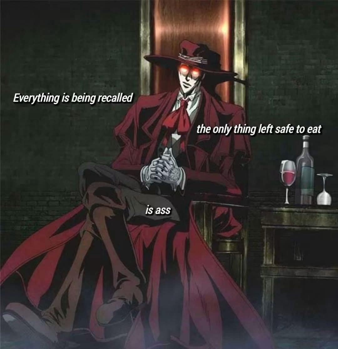 Alucard from Hellsing smirking in a red coat, joking about food recalls in crude terms.