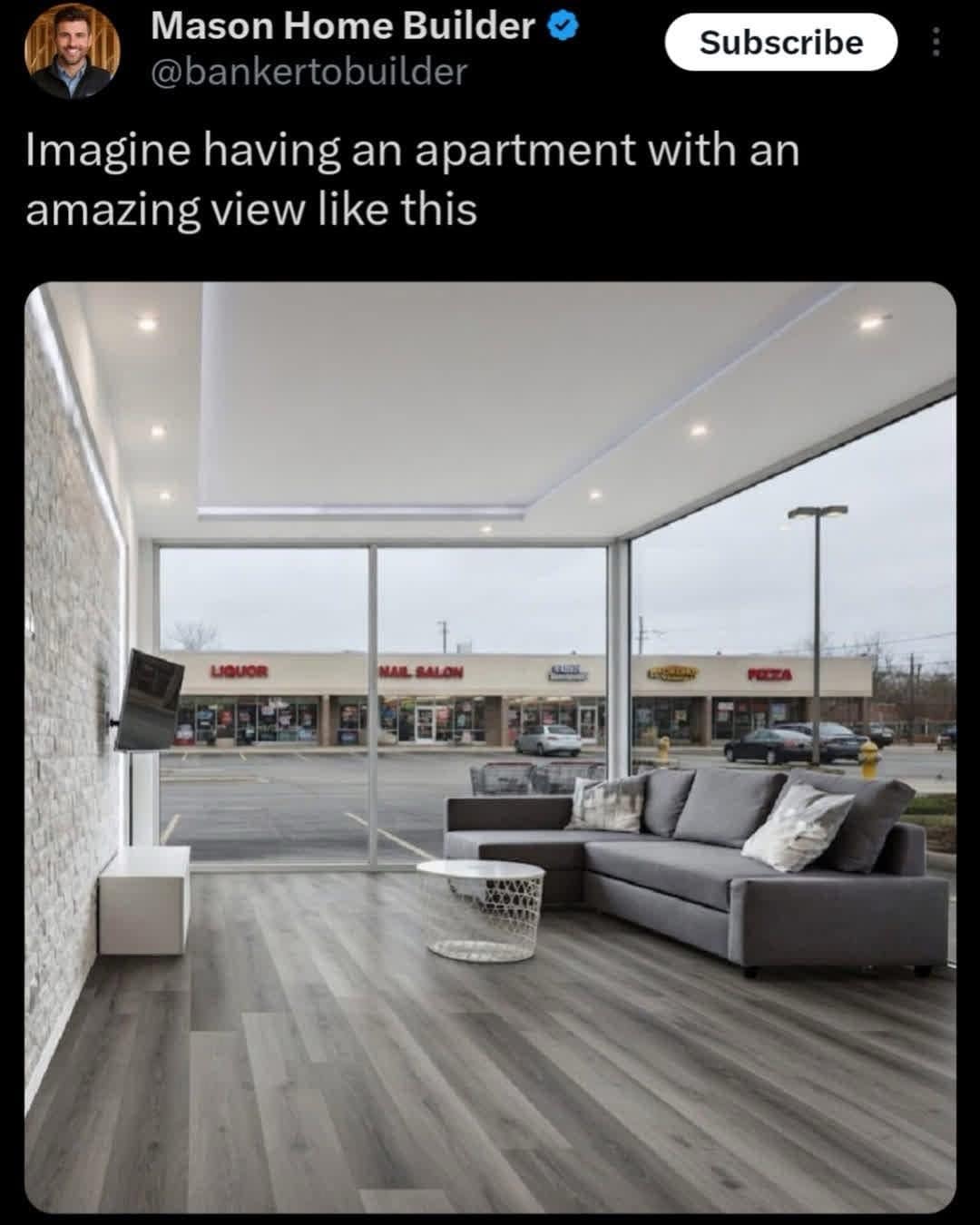 Meme dump tweet showing an apartment window with a view of a strip mall parking lot.