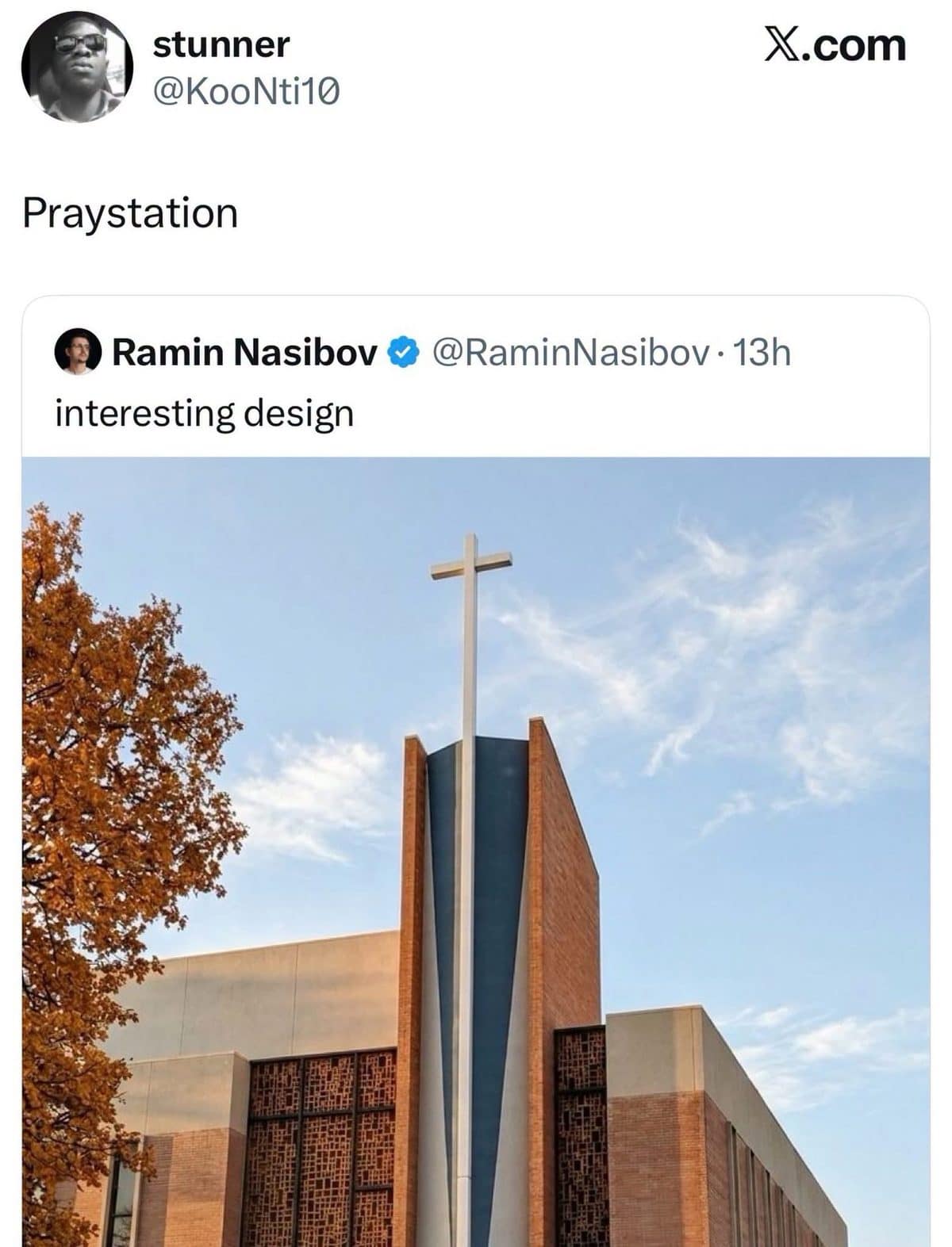 Tweet nicknaming a modern church with a tall cross and brick tower the Praystation.