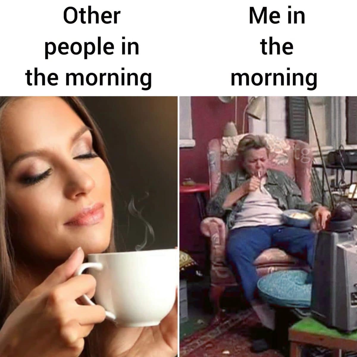 Woman savoring morning coffee beside a rumpled man smoking in an armchair, labeled me.