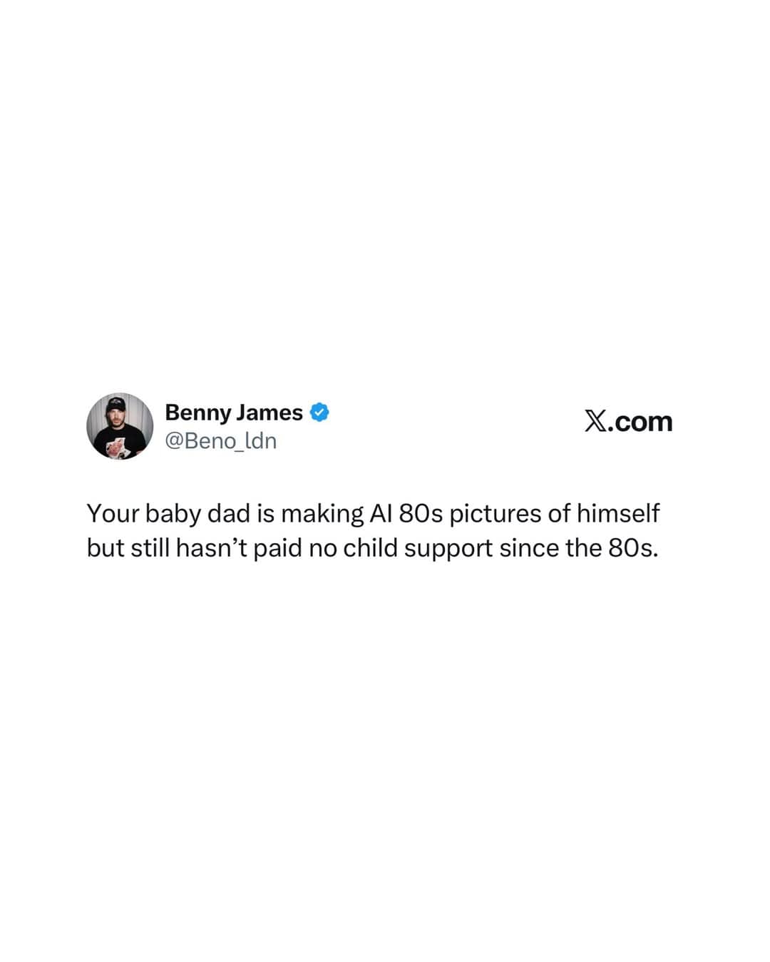 Memes social post joking about AI photos and lack of child support payments.