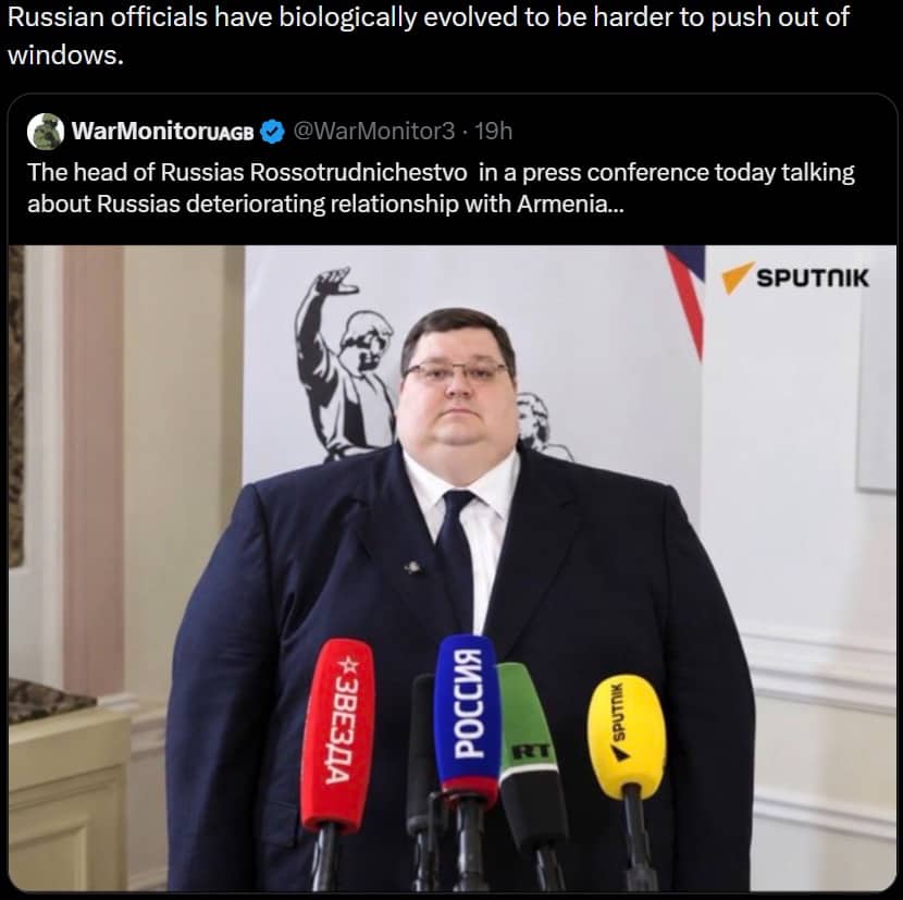 Memes news post about a large Russian official being harder to push out windows.