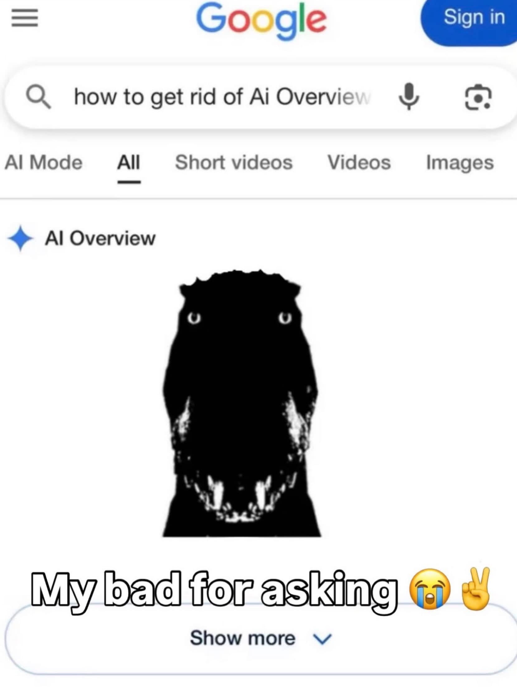 Memes dark screenshot showing creepy result when asking Google how to remove AI overview.