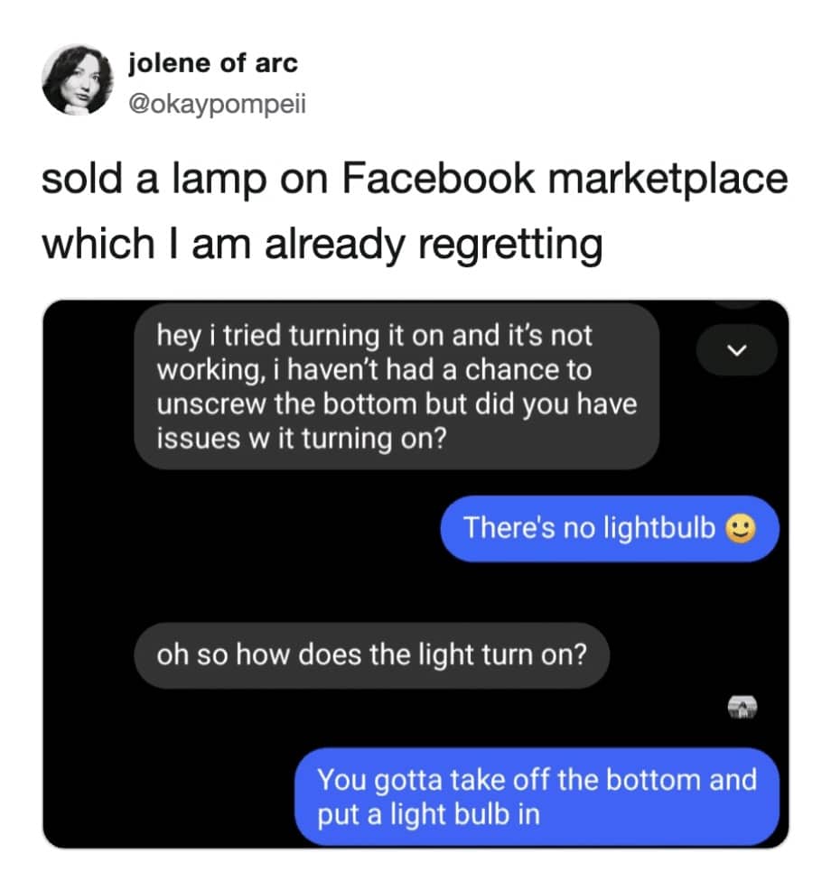 Memes chat screenshot showing a funny confused exchange about installing a lightbulb in lamp