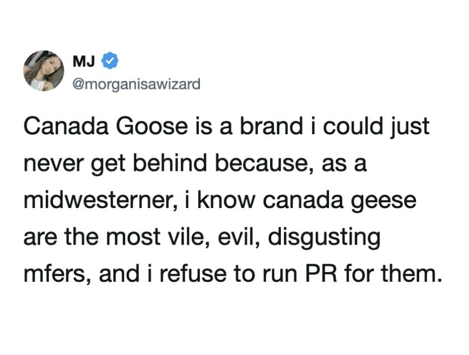 Memes social post stating midwesterners refuse to support the Canada Goose brand name.