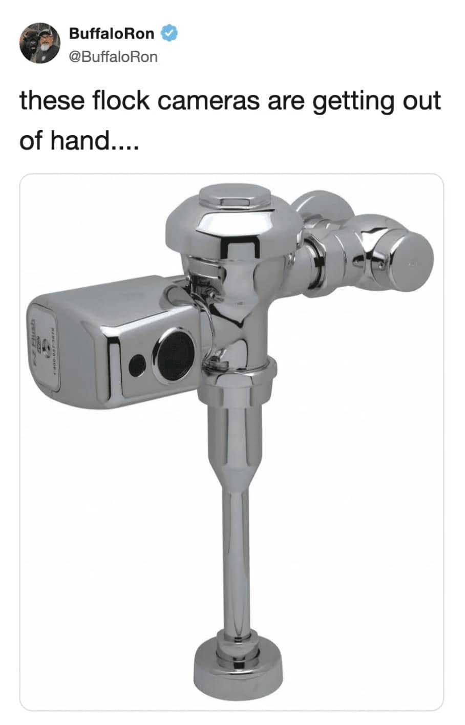 Memes image of an automatic toilet flush valve labeled as a flock security camera.