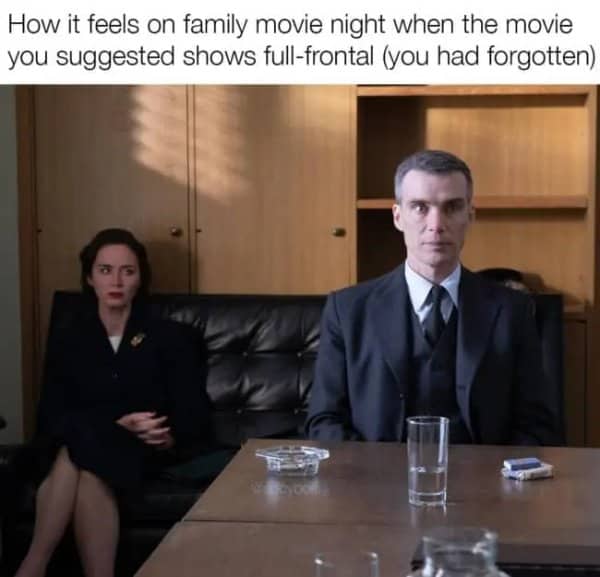 Cillian Murphy and Emily Blunt staring stiffly in a meme about family movie night nudity