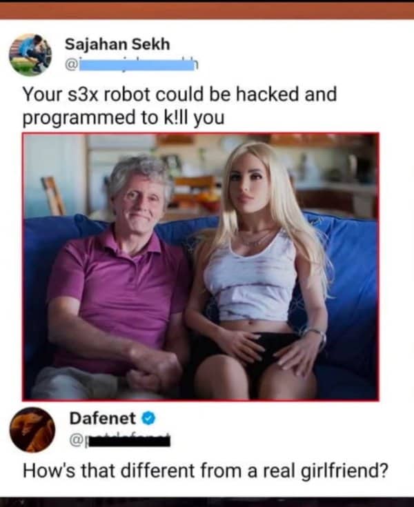 Tweet warning a companion robot could be hacked, with a man posing beside a lifelike doll
