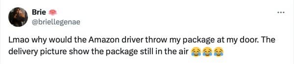 Tweet about an Amazon driver whose delivery photo shows the package still in midair