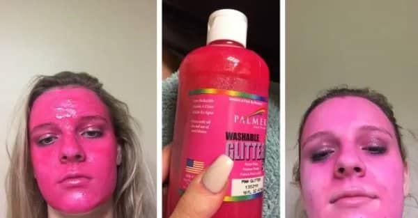 Woman with face coated in pink washable glitter paint, then stained pink after washing