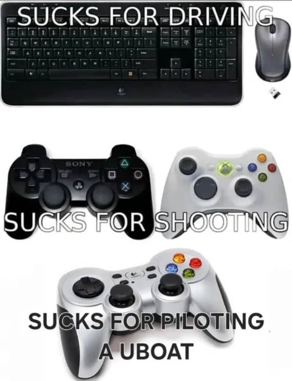 Keyboard and game controllers meme about which one is worst for piloting a U-boat