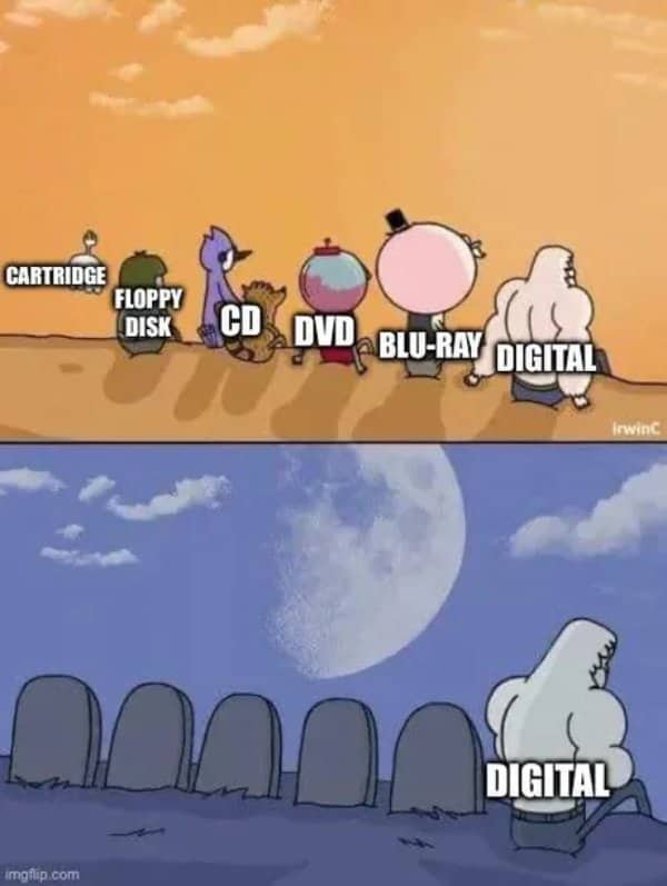 Regular Show meme where digital media outlives cartridges, CDs, DVDs and Blu-ray at their graves