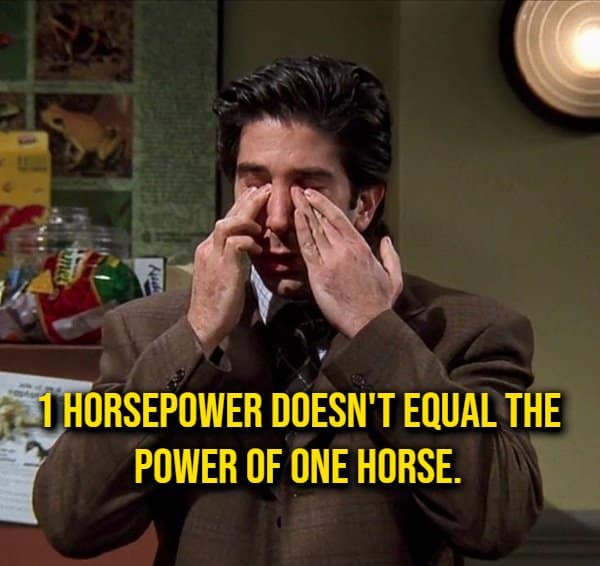 Ross Geller from Friends rubbing his eyes in frustration over an annoying mechanical measurement random fact regarding horsepower output.