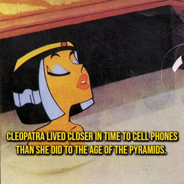 Egyptian cartoon aesthetic artwork of Cleopatra paired with a mind-bending historical random fact about timeline perception.
