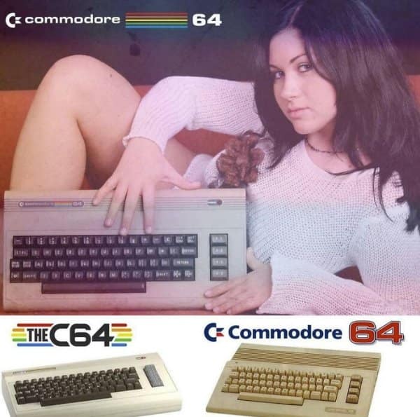 Vintage 1980s promotional photo featuring a woman lounging behind a Commodore 64 home computer keyboard in a retro tech advertisement.