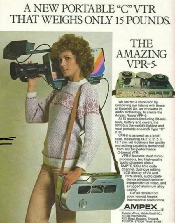 Vintage magazine advertisement for the Ampex Nagra VPR-5 video tape recorder touting a portable 15-pound setup as retro tech.