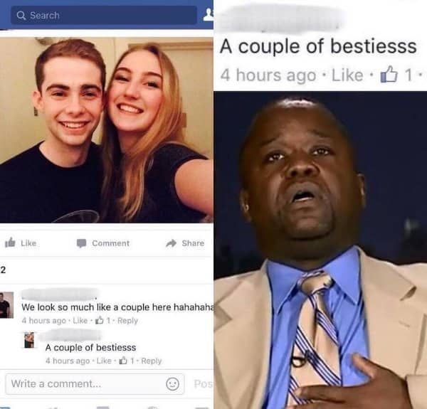 Facebook couple selfie captioned bestie in the comments beside a pained reaction photo of a man