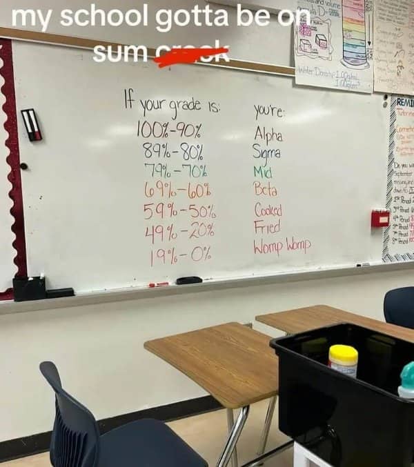 Classroom whiteboard grading scale using slang like Alpha, Sigma, Mid, Cooked and Womp Womp