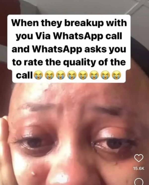 Crying woman in a meme about WhatsApp asking her to rate the call quality after a breakup