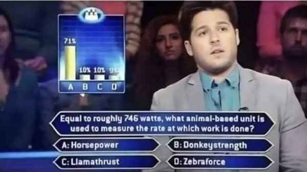 Millionaire contestant with the audience lifeline on an easy horsepower question, 29 percent guessing wrong
