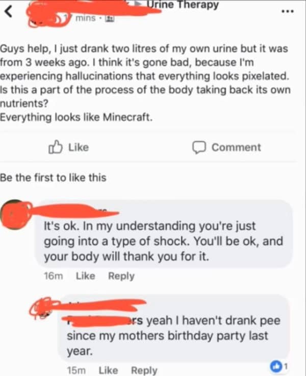 Facebook post in a urine therapy group about pixelated hallucinations after drinking old urine