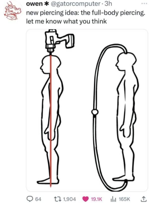 Tweet with simple drawings proposing a full-body piercing running from head to toe