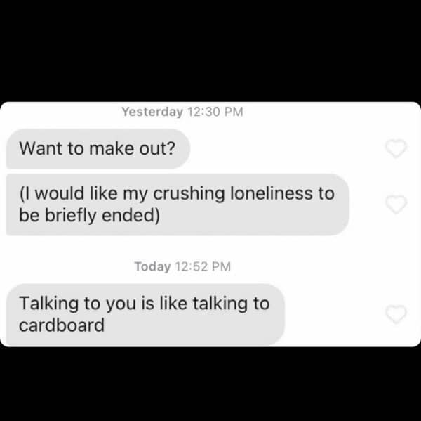 Text asking to make out to end crushing loneliness, answered by a cardboard insult