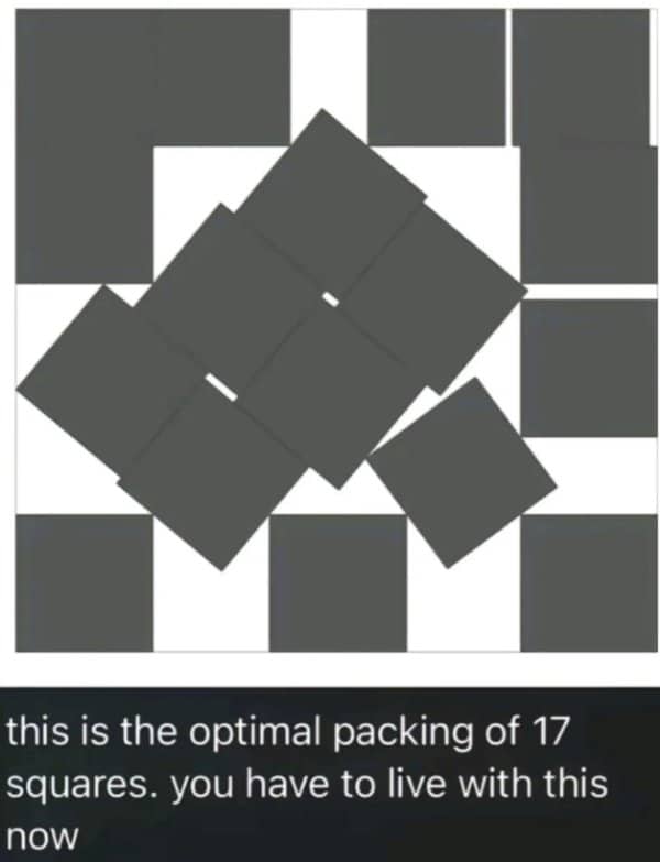 Diagram of seventeen squares crammed awkwardly into a box, captioned the optimal packing