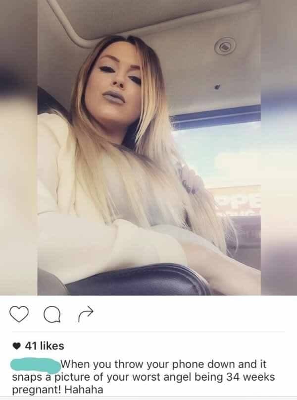 Low angle car selfie captioned worst angel while being 34 weeks pregnant