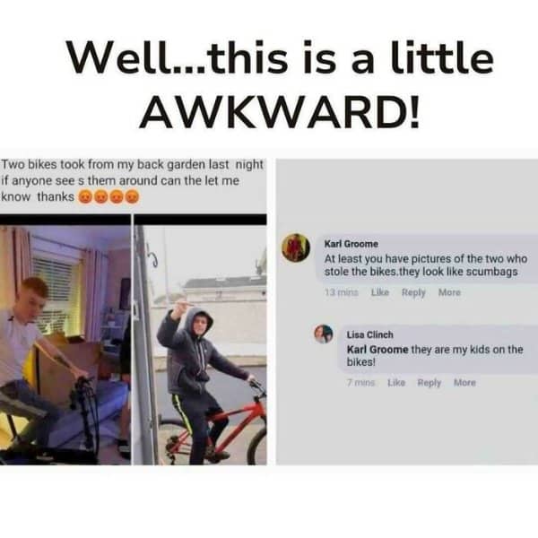 Facebook post about stolen bikes where a commenter reveals the suspects are her own kids