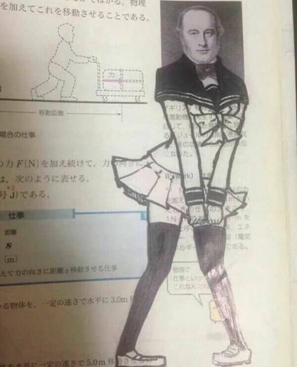 Textbook portrait of a Victorian scientist doodled into a school uniform and knee socks