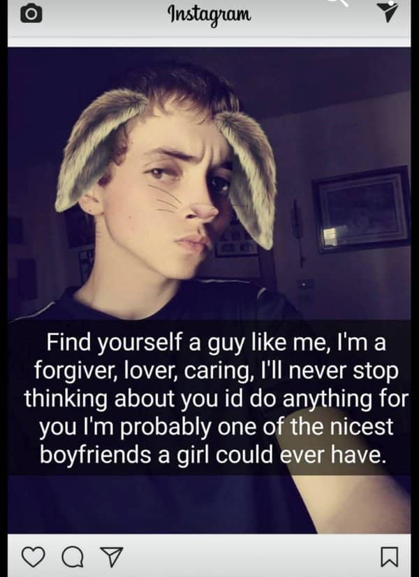 Teen in a bunny ears filter posting that he's the nicest boyfriend a girl could have