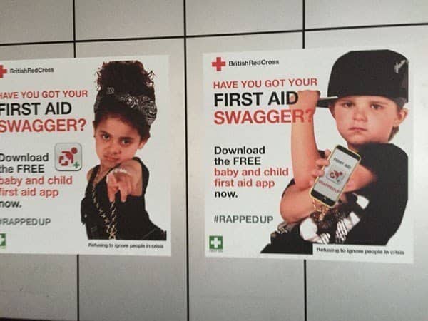 British Red Cross posters of kids in rapper outfits asking about first aid swagger