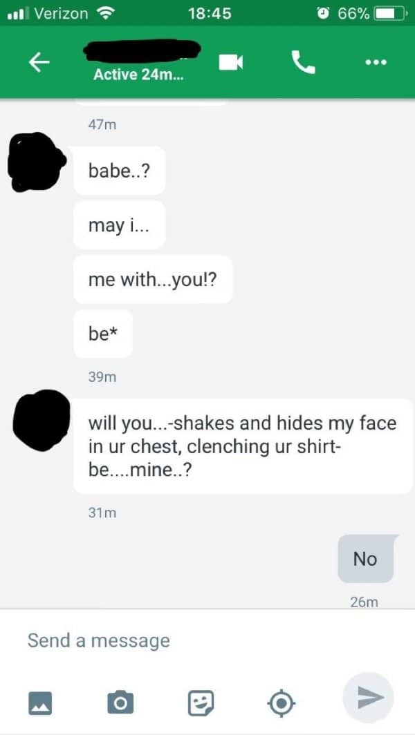 Text conversation with a dramatic stage direction love confession that gets a flat No reply