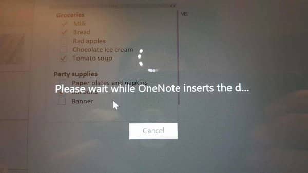 OneNote loading screen cut off mid sentence while inserting something into a grocery list.