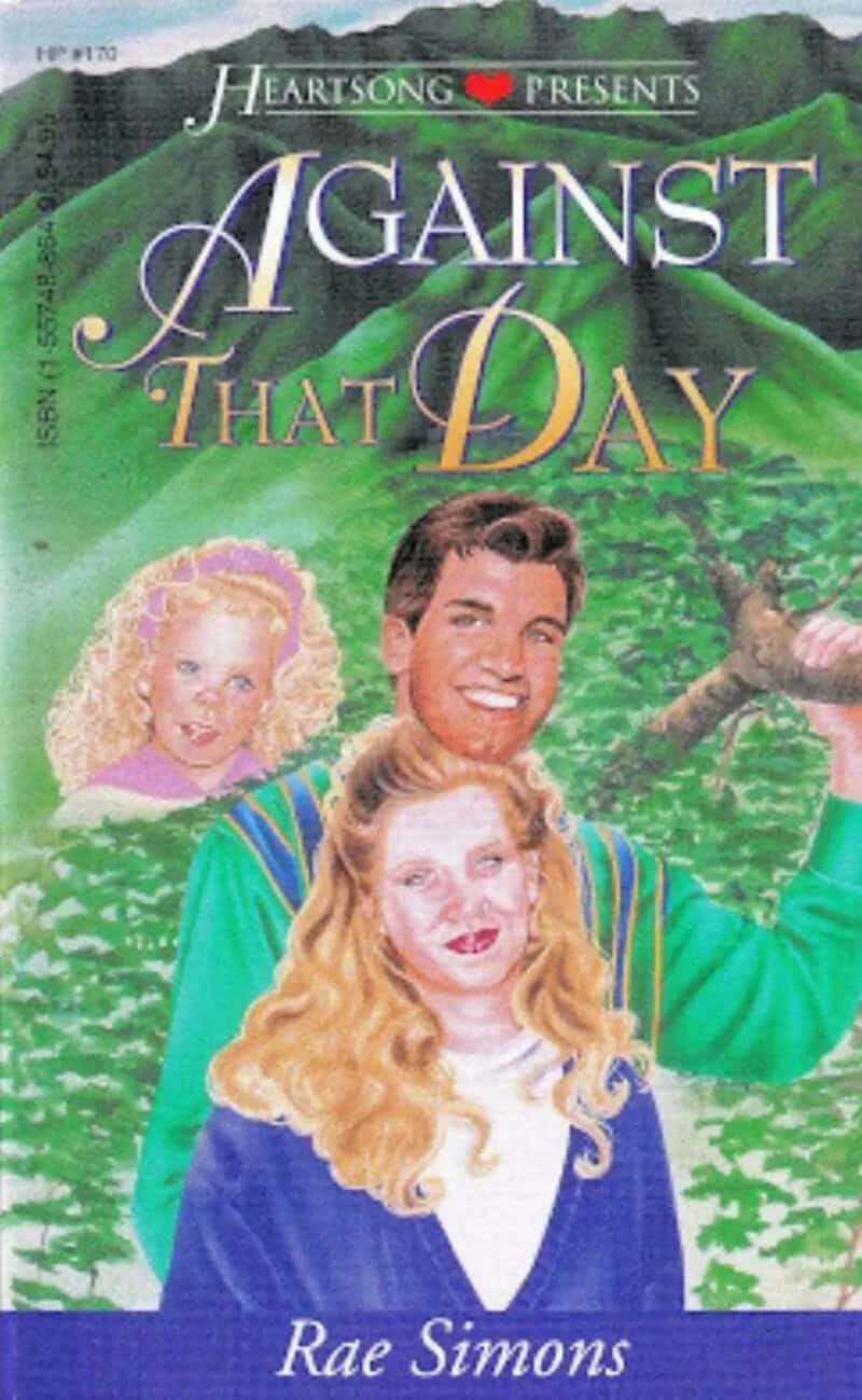 Heartsong romance novel Against That Day with oddly painted smiling faces over green mountains.
