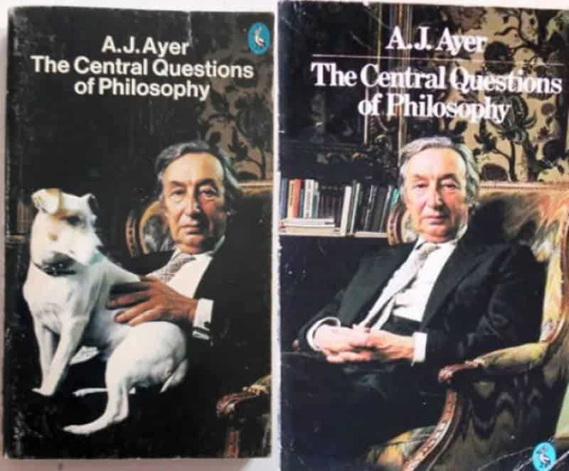 Two editions of A.J. Ayer's philosophy book, one with a small white dog, one without.