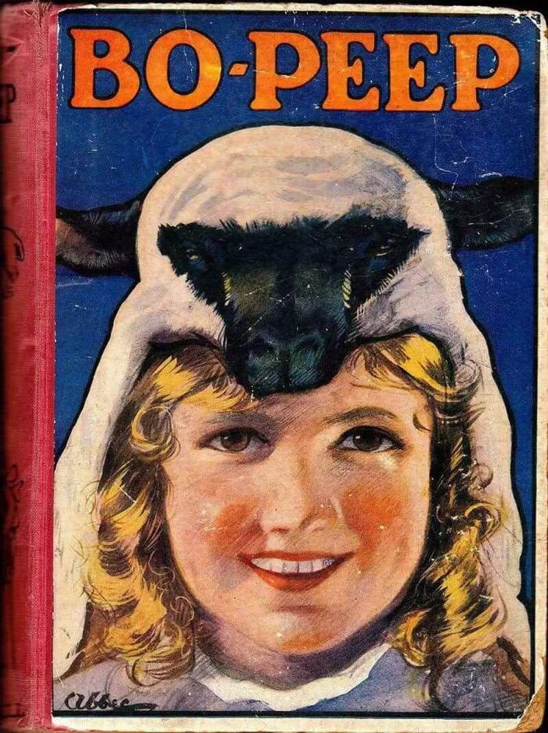 Vintage Bo-Peep book cover of a smiling girl wearing a sheep's head as a hood.