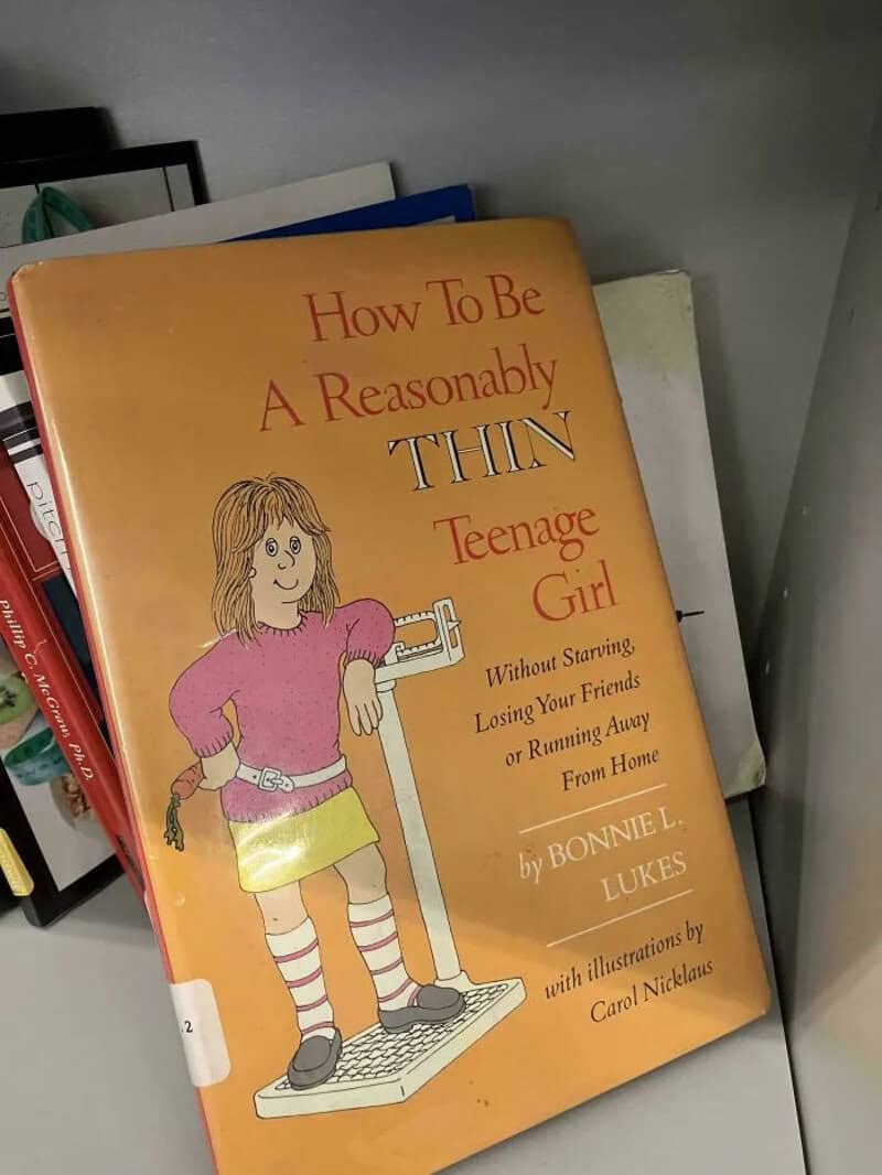 Vintage library book How to Be a Reasonably Thin Teenage Girl with a cartoon girl on a scale.