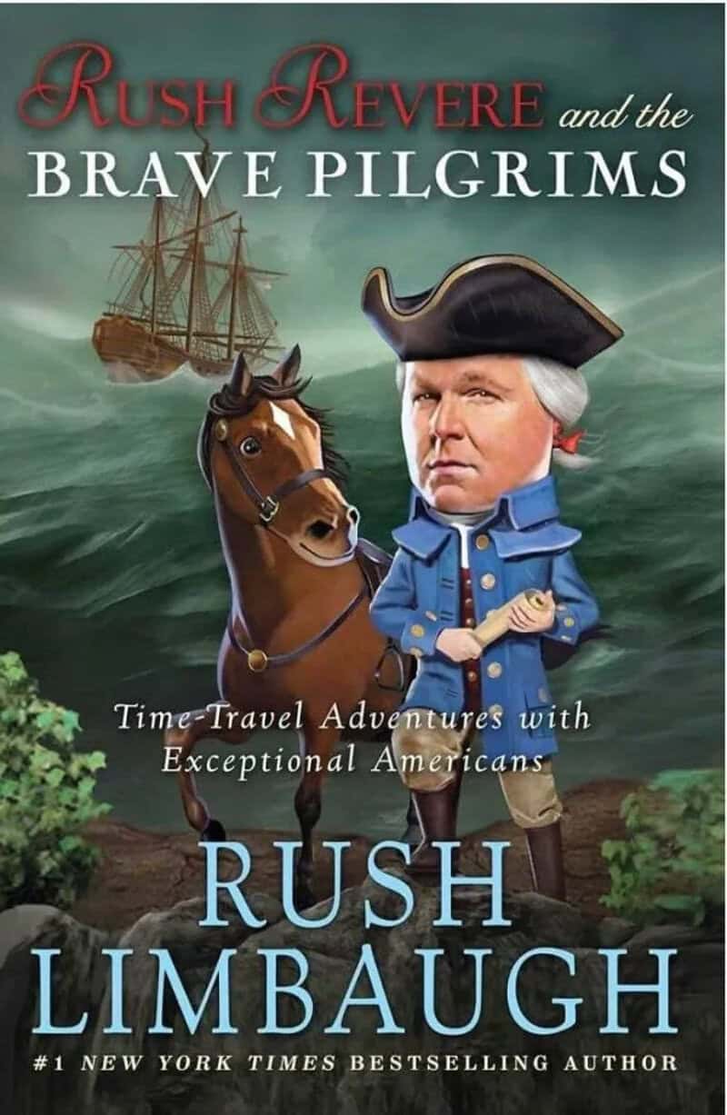 Rush Limbaugh's children's book cover with his head on a colonial cartoon body beside a horse.