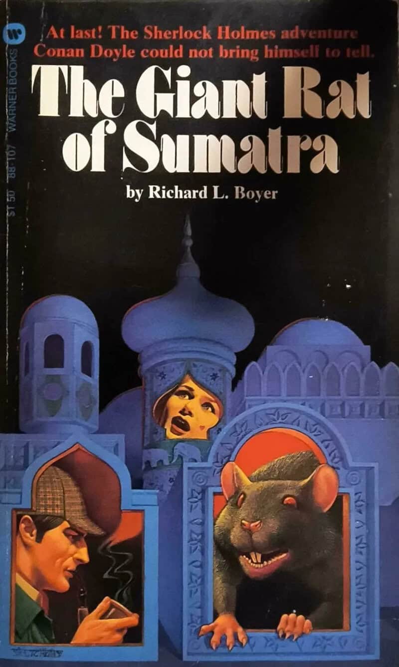Sherlock Holmes paperback The Giant Rat of Sumatra with a grinning giant rat in a window.