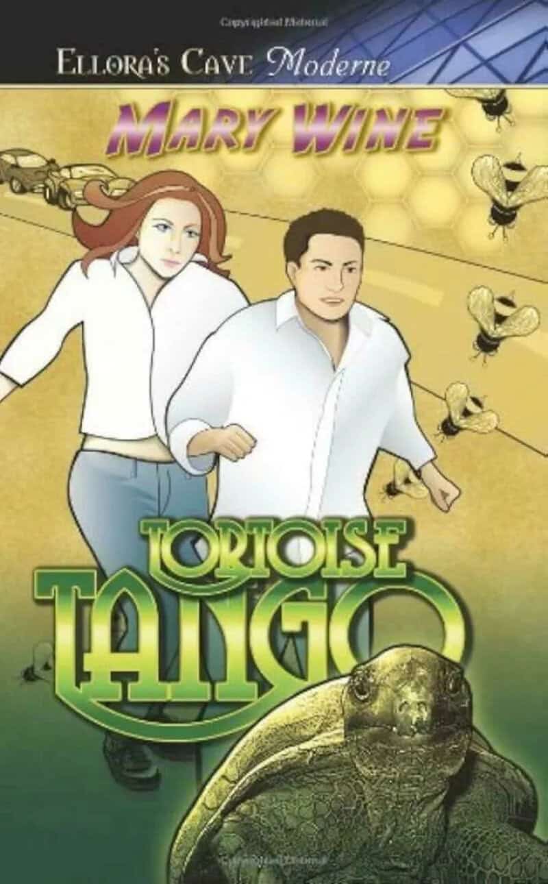 Romance novel cover Tortoise Tango with a couple fleeing bees and a looming tortoise.