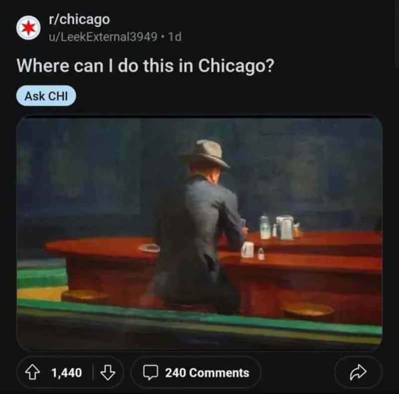 Famous painting of a lone man at a diner counter, posted asking where in Chicago