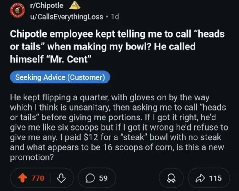 Reddit post about a Chipotle worker flipping a coin to decide how much food you get