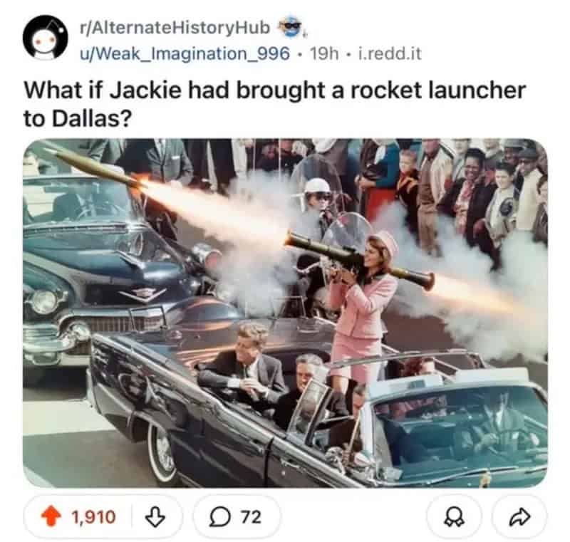 Edited alternate history image of Jackie Kennedy holding a rocket launcher in a motorcade