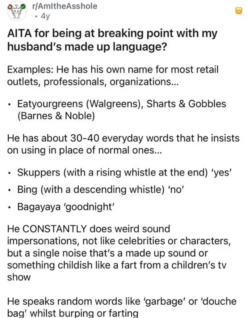 Reddit post about a husband's made-up words for stores, yes, no, and goodnight