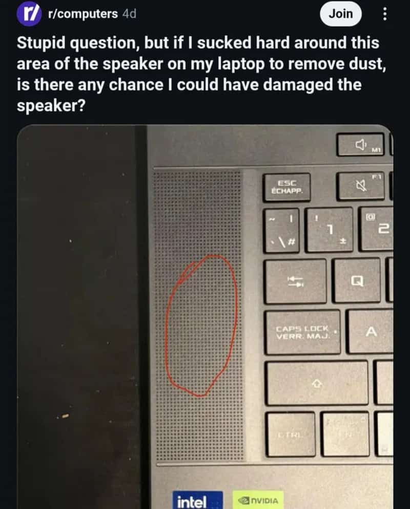 Reddit question with a laptop speaker circled, asking if sucking on it caused damage