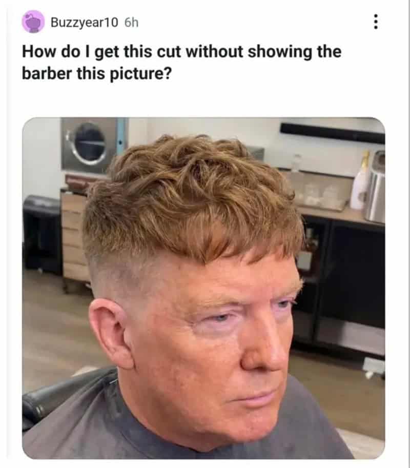 Man in a barber chair with a tall swoopy haircut, asking how to request it