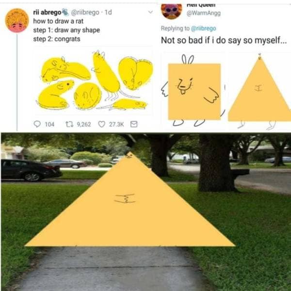 Tweet saying draw any shape to draw a rat, followed by triangle and square rats